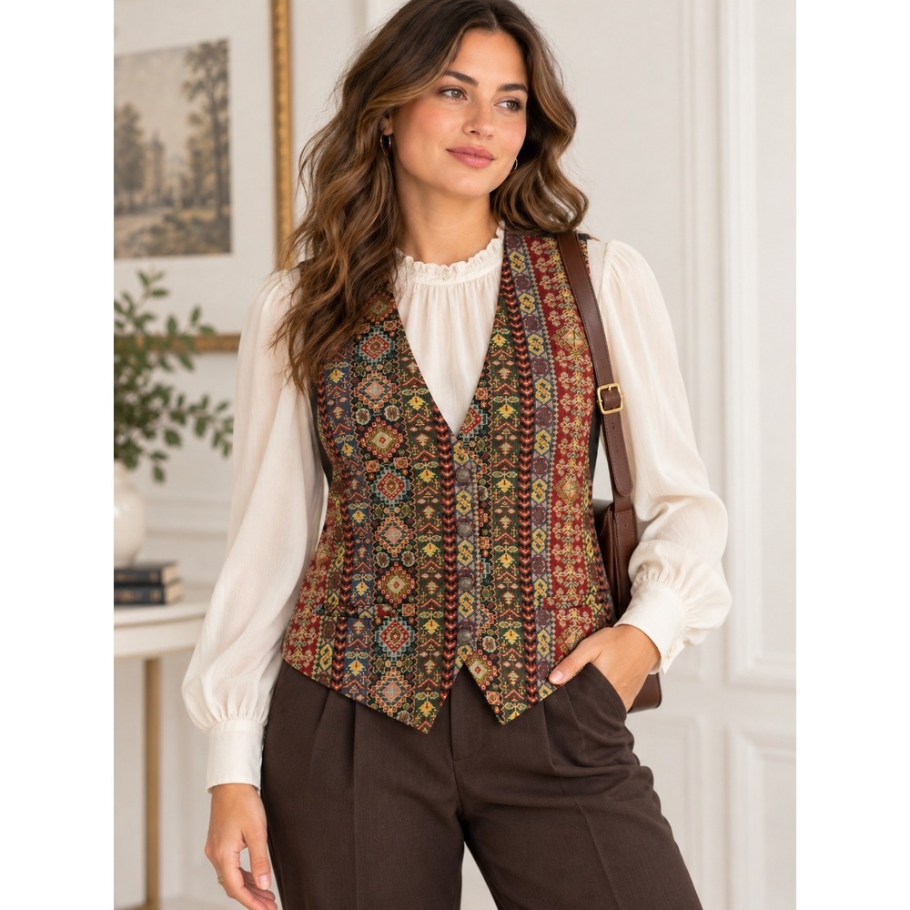Compagnie Internationale Express Vintage 90s Tapestry Vest Cotton Blend Boho